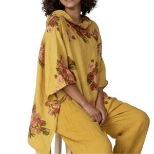 Made in Italy Linen Oversized Floral Cowl Neck Hoodie Tunic Top Yellow Pink
